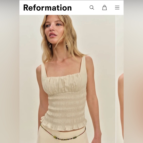 Reformation Tops - Reformation Cream Ruched Square-Neck Tank